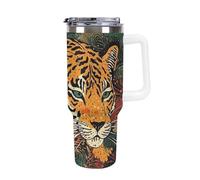 Car Cup with Handle 40 Oz 304 Stainless Steel Water Bottle Tiger Botanical Print Printed Large Capacity Metal Coldest Flask Travel Mug Insulated Tumblers Iced for Tea Coffee Gift