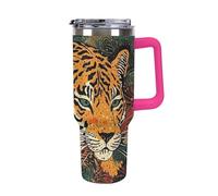 Car Cup with Handle 40 Oz 304 Stainless Steel Water Bottle Tiger Botanical Print Printed Large Capacity Metal Coldest Flask Travel Mug Insulated Tumblers Iced for Tea Coffee Gift