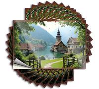 Car Decals Charming Village by The Lake with Historical Architecture Stickers 10Pcs Cave Man Bar Funny Car Stickers and Decals(6X9CM)
