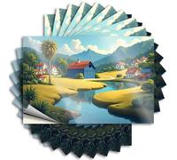 Car Decals Peaceful Village by The River with Mountains in The Background Stickers 10Pcs Funny Sticker Mechanic Stickers(6X9CM)
