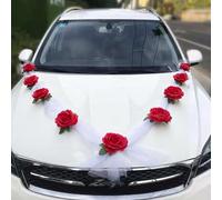Car Decoration Wedding Car Decoration Set, Car Wedding Garland, Flower Decoration Car Wedding, DIY White Gauze Red Roses Decoration Set, Car Jewellery Wedding with 9 Roses, 2 x 1.6 m Gauze, Red +