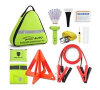 Car Emergency Kit for New Drivers | Essential Roadside Tools with Jump Leads, Tow Rope, Safety Hammer, Warning Triangle & Mini First Aid Kit (Bright Green)