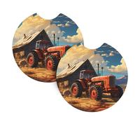 Car Farm Red Tractor Printed Coasters Two Pack 2 7 Inch Diameter Suitable For Most Car Models