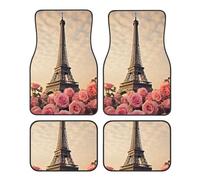 Car Floor Mats Four-Piece Set Non-Slip Automotive Front Rear Floor Foot Mats Eiffel Tower with Rose Flower Car Mats Auto Accessories Universal Automotive Floor Carpets for Cars Trucks SUV Sedans
