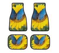 Car Floor Mats Sunflower Blue Butterfly Printed Scenery Sets of 4 Pieces Non Slip Automotive Floor Mats All-Weather Front Rear Car