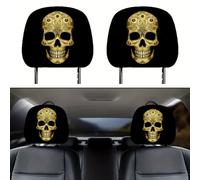 Car Headrest Covers 1 Pair with Elastic Fabric Featuring Skull Print on Both Sides for Standard Vehicle Headrest Protection (C)