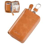 Car Key Case for Men and Women, Apricot Genuine Leather Card Holder Wallet Keys Pouch Organizer Bag with 6 Keychain Hooks, 3 Cards Slot (Apricot w/Keychain)