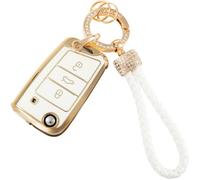 Car Key Cover Case Shell Compatible with VW Soft TPU Car Key Fob Cover | Fit for Volkswagen Golf 7 Polo MK6 Jetta Tiguan Skoda Superb Seat Leon Ibiza, 3 Button Key Case with Key Fob Keychain Lanyard