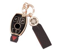 Car Key Cover Fit for Benz Accessories 3 Buttons Black Gold | Key Fob Covers for Benz A B C E G R S M Class AMG Soft TPU Key Card Case Holder with Keychain