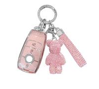 Car Key Fob Cover Compatible with Mercedes Benz 2017-2023 E-Class 2018-2021 S-Class 2019-2023 A-Class C-Class G-Clas Pink Key Shell Holder with Diamond Bear Keychain