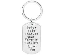 Car Keychain for Men Stainless Steel, Silver Keychain Wallet Keyring Engraved Drive Safe Because Your Parents Fucking Love You