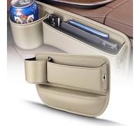Car Leather Cup Holder Gap Bag,Car Seat Gap Storage Box, Leather Cup Holder Gap Organizer Bag with Cup Holder for Phones Glasses Keys Cards (Beige,Passenger)
