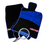 Car Mats FOR Mini Clubman (R55) 2007-2015 Black Carpet - Blue Leather Trim - Twin White Cotton - Colour Union Jack Icon - Blue Full Width Union Jack Heel Pad [SAPP-1074]