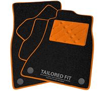Car Mats to fit Skoda Fabia (2015-2021) Black Carpet with Orange Ribbed Trim & Orange Rectangle Heel Pad [1662]