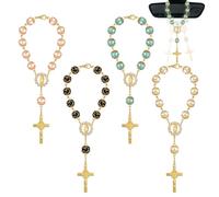 Car Mirror Hanging Accessories, 4 Pcs Car Rosary Beads Rear View Mirror Accessories, Cross Cars Hanging Ornament, Auto Rearview Rosary Pendant for Men Women (Black, White, Pink, Blue)