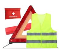 Car Mounted 3-Piece Emergency car kit, Equipped with high Brightness Warning Triangle, high Visibility Vest, First aid kit Storage Bag.