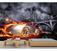 Car Murals Flames and Sparks Sports Car Wallpaper City Night Landscape Wallpaper for Walls Sky Flying Bird Wall Paper for Kids Bedroom Living Room Boys Room Mural Poster 280X200cm
