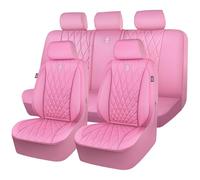 CAR PASS 5 Seats Piping Luxury Leather Seat Covers Full Set, Anti-Slip Waterproof Seat Covers Compatible with Front Armrests, Universal Fit for Suvs,Vans,Trucks,Airbag Compatible, Pure Pink
