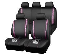 CAR PASS Bling Car Seat Covers Full Set, Shining Rhinestone Diamond Waterproof Faux Leather, Rear with Zipper, Universal Fit 95% Automotive Glitter Crystal Sparkle Strips for Women Girl, Black Pink