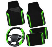 CAR PASS Leather Steering Wheel Cover and Waterproof Car Floor Mats,Microfiber Universal Car Combo Fit for 95% Sedan,SUV,Cars,14.5-15inch Sporty Anti-Slip Comfortable Design(Black＆Fluorescence Green)