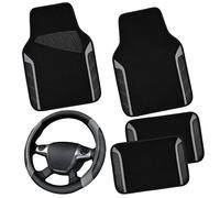 CAR PASS Leather Steering Wheel Cover and Waterproof Car Floor Mats,Microfiber Universal Car Combo Fit for 95% Sedan,SUV,Cars,14.5-15inch Sporty Anti-Slip Safety Comfortable Design(Black＆Gray)