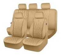 CAR PASS® Piping Luxury Leather Seat Covers Full Set,5 Seats Leatherette Anti-Slip Waterproof Seat Covers Compatible with Front Armrests,Universal Fit for Suvs,Vans,Trucks,Airbag Compatible, All Beige