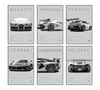 Car Poster Canvas Wall Art Modern Classic Supercar Prints Set, Porsche 911 Ferrari Lamborghini McLaren Bugatti Koenigsegg Sports Car Posters For Man Cave Boys Room Aesthetics Wall Decor (6 Set, 16 x