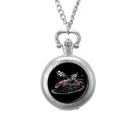 Car Racing Automobile Sport Racer Checkered Flag Vintage Pocket Watch Alloy Pendant Watches Necklace Gift for Men Women Silver-Style