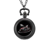 Car Racing Automobile Sport Racer Checkered Flag Vintage Pocket Watch Alloy Pendant Watches Necklace Gift for Men Women Black-Style