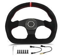 Car Racing Steering Wheel D Shape Steering Wheel 12.8in Suede Leather Race Style with Red Stitch and Horn Button for Hands and Racing Gloves