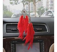 Car Rear View Mirror Hanging Pendant, Feather Dream Catcher Crystal Charm Bling Car Deco Accessories for Women (Red)