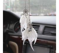 Car Rear View Mirror Hanging Pendant, Feather Dream Catcher Crystal Charm Bling Car Deco Accessories for Women (White)