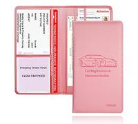 Car Registration and Insurance Card Holder - Leather Vehicle Glove Box Automobile Documents Paperwork Wallet Case Organizer for ID, Driver's License, Key Contact Information Cards - Men&Women, Pink,