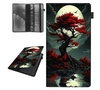 Car Registration and Insurance Holder,Leather Vehicle Glove Box Organizer Wallet for Document, for any Car,Truck,Motorcycle,Driver License,Trailer or Boat,Men & Women,Japanese Full Moon, Red Tree