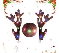 Car Reindeer Antler Kit - Plush Reindeer Antlers,LED Light Nose, Soft Fabric Vehicle Decoration Set, Flexible Window Mirror Fit | Simple Car Truck Exterior Styling Ornament Display Accessory