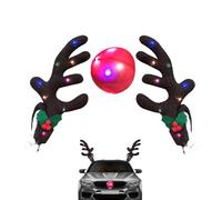 Car Reindeer Antler Kit - Plush Reindeer Antlers,LED Light Nose, Soft Fabric Vehicle Decoration Set, Flexible Window Mirror Fit | Simple Car Truck Exterior Styling Ornament Display Accessory