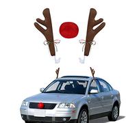 Car Reindeer Antlers Christmas Car Decorations Plush Rudolf Antlers and Nose Set Reindeer Jingle Bell for Vehicle Xmas Auto Accessories Costume (Brown)