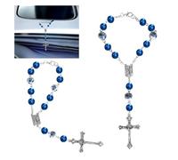 Car Rosary for Rearview Mirror, Blue Ceramic Bead Pendant for Car Interior Rearview Mirror Auto Decoration Hanging Accessories Medal Cross for Women