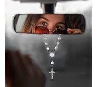 Car Rosary for Rearview Mirror - Hanging Cross Pendant Auto Interior Decoration (White)