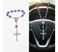 Car Rosary for Rearview Mirror - Rearview Mirror Hanging Accessories-Steering Wheel Rosary Charm-Pearl Heart Chain Catholic Car Interior Hanging Decor-Alloy, Artificial Pearls (Purple Ceramic)