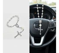 Car Rosary for Rearview Mirror - Rearview Mirror Hanging Accessories-Steering Wheel Rosary Charm-Pearl Heart Chain Catholic Car Interior Hanging Decor-Alloy, Artificial Pearls (White Flower)