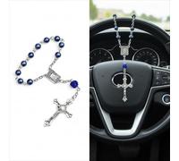 Car Rosary for Rearview Mirror - Rearview Mirror Hanging Accessories-Steering Wheel Rosary Charm-Pearl Heart Chain Catholic Car Interior Hanging Decor-Alloy, Artificial Pearls (Blue Ceramic)