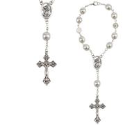 Car Rosary for Rearview Mirror,Steering Wheel Rosaries Charm,White Pearl Glass Prayer Beads Bracelet,Rear View Cross Blessing Bead Decor,Universal Interior Car Accessories,Religious Gift for Women Men