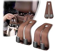 Car Seat Back Double Hook, 2024 New Car Seat Headrest Hook, Leather Car Seat Headrest Double Hooks and Phone Holder, Universal Vehicle Car Storage Organizer for Handbag Purse Coat (Brown,2 PC)