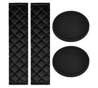 Car Seat Belt Pads 2 Pack, Seatbelt Covers and Harness Pads with Hook and Loop Fastening Straps, 2 Rubber Cup Holder Coasters, Car Travel Accessories, Shoulder Comfort Pad Covers for Long Trips