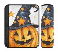 Car Seat Belt Pads 2 Piecing Soft Car Seatbelt Shoulder Cover for Women Men Kids S Halloween Pumpkin with Witches Hat and Stars