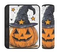 Car Seat Belt Pads Covers Set of 2 Breathable Car Safety Seat Belt Strap Shoulder Pad for Women Men Kids S Halloween Pumpkin with Witches Hat and Stars