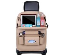 Car Seat Organiser with Foldable Table Tray Kick Mats Backseat Protector with 8 Pockets Universal Use for Car Interior Travel Accessories Men Women 1PCS Beige