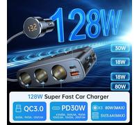 Car Socket Splitter 128W with Type C PD 30W, For QC3 0 USB Fast Charger, 3 USB Ports and 3 12V/24V Outlets for Charging Multiple Devices in Cars with Voltage Display