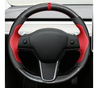 Car Steering Wheel Cover Hand-Stitched Non-Slip Black Genuine Leather Carbon Fiber Braid For Tesla Model 3 2017-2021 Auto Accessories Styling